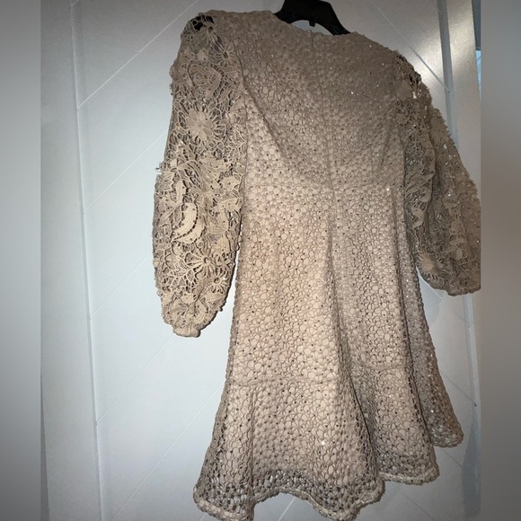 NEW - FRENCH CONNECTION Nude Caballo Sequin Lace Puff Sleeve Mini Dress size 6 - Picture 10 of 13